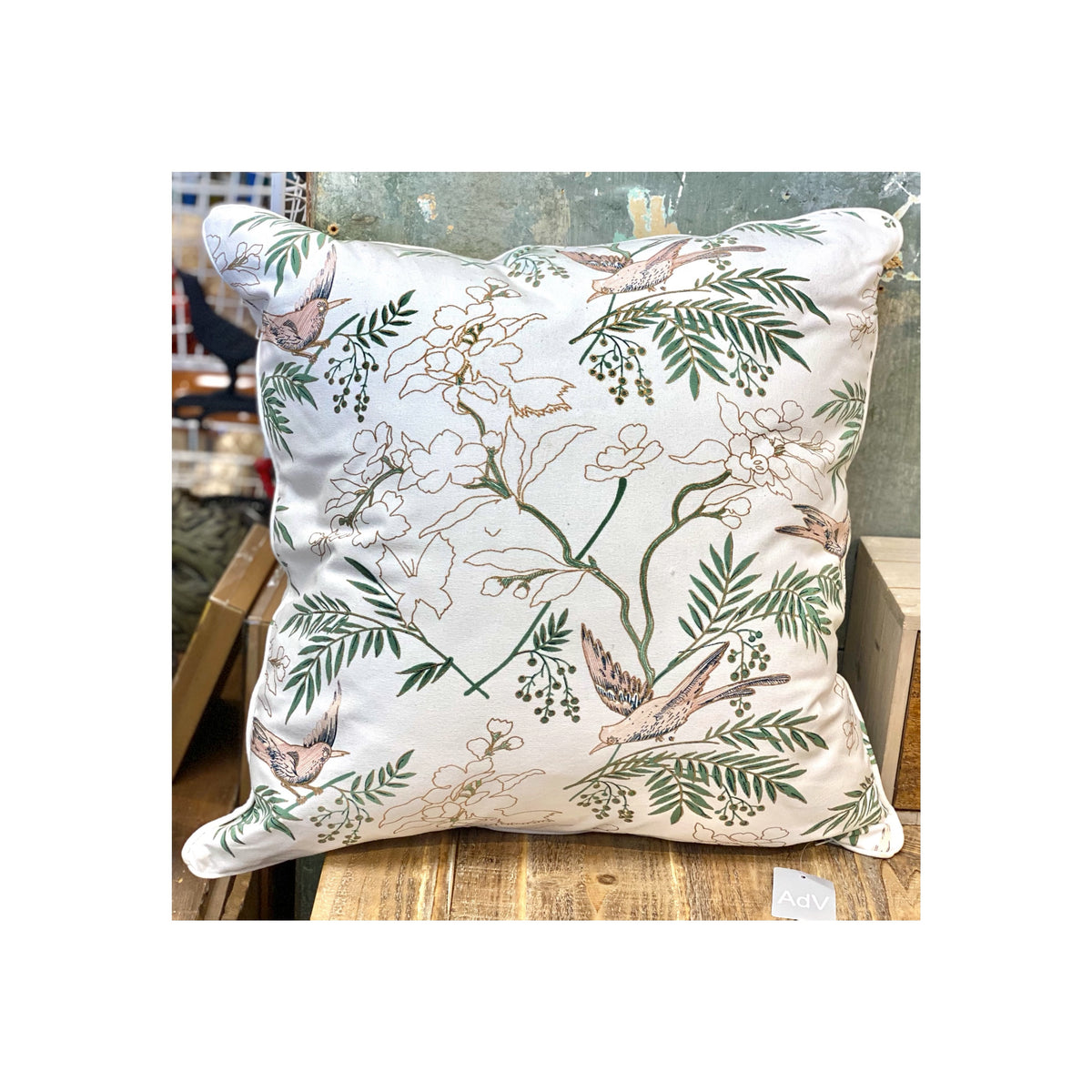 Pillow- Pink Birds With Gold & Green Floral/Leaves
