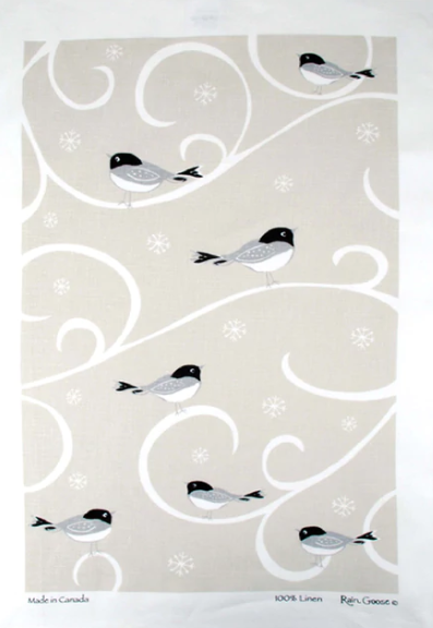 Chickadee Grey Linen Tea Towel