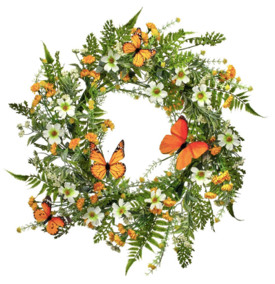 Mixed Daisy and Monarch Wreath 22"