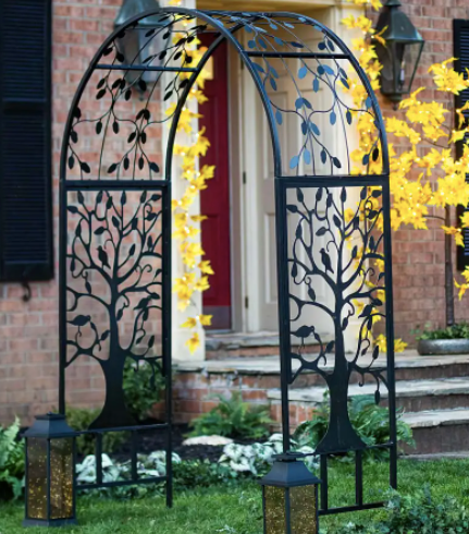 Metal Arched Garden Arbor with Tree of Life Design