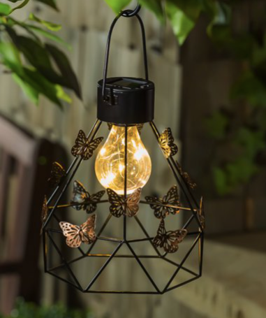 13.5"H Metal Solar Lantern with Gold Butterflies
