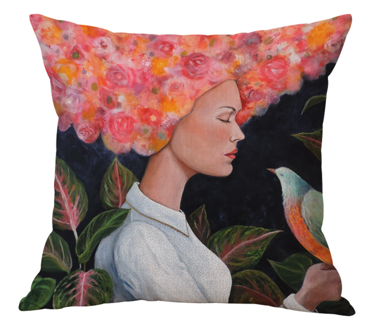 Navy Lady with Bird Pillow