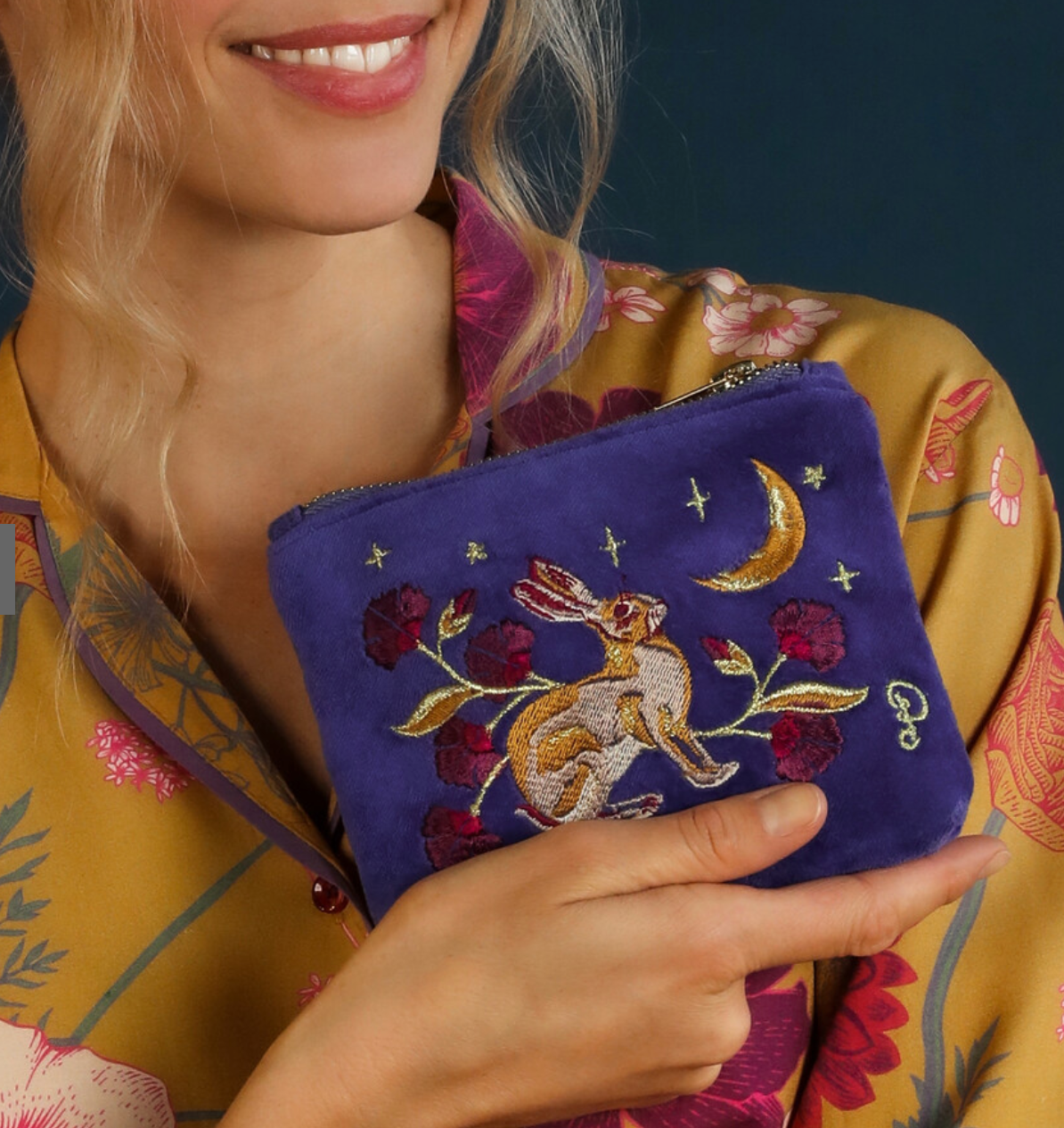 Hare at Midnight Mini Velvet Embroidered Pouch