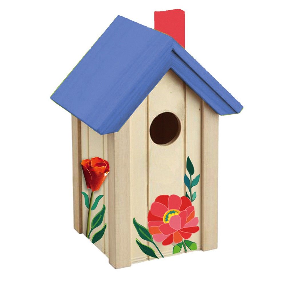 Wooden Bird House with Metal Flower