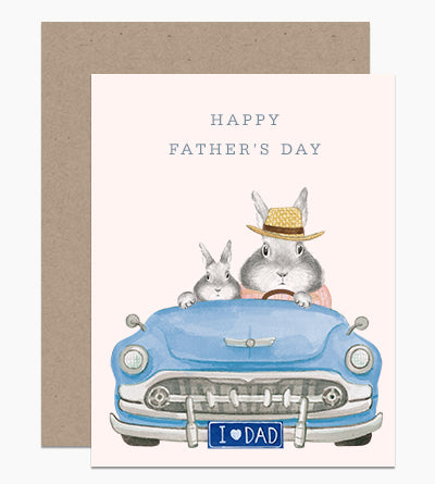Father's Day Card- Bunny Driving A Blue Convertible