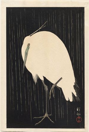 Ohara Koson Card- White Heron Standing In The Rain